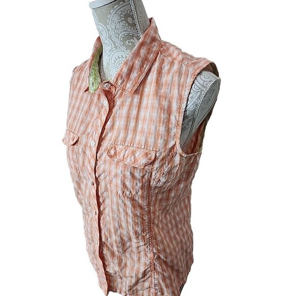 Eddie Bauer Sleeveless Top Quick Dry Orange Plaid Zip Pocket womens Medium - Picture 2 of 7